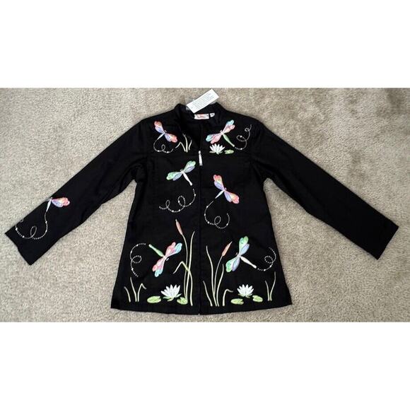 Quaker Factory Women's Jacket Size XS Black Cotton Embroidered Dragonflies NWT - Picture 1 of 16